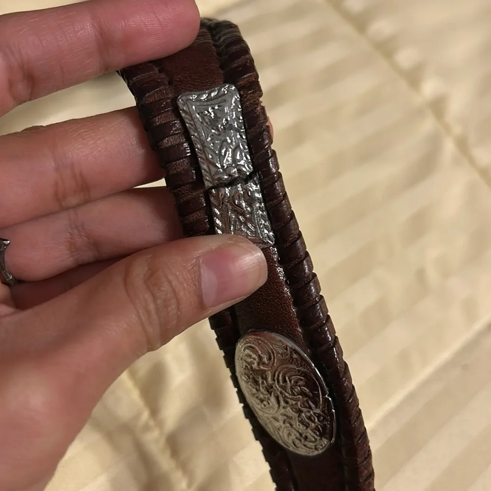 Western Brown Women's Hand Tooled thick leather belt with metal accents Sz.38/L